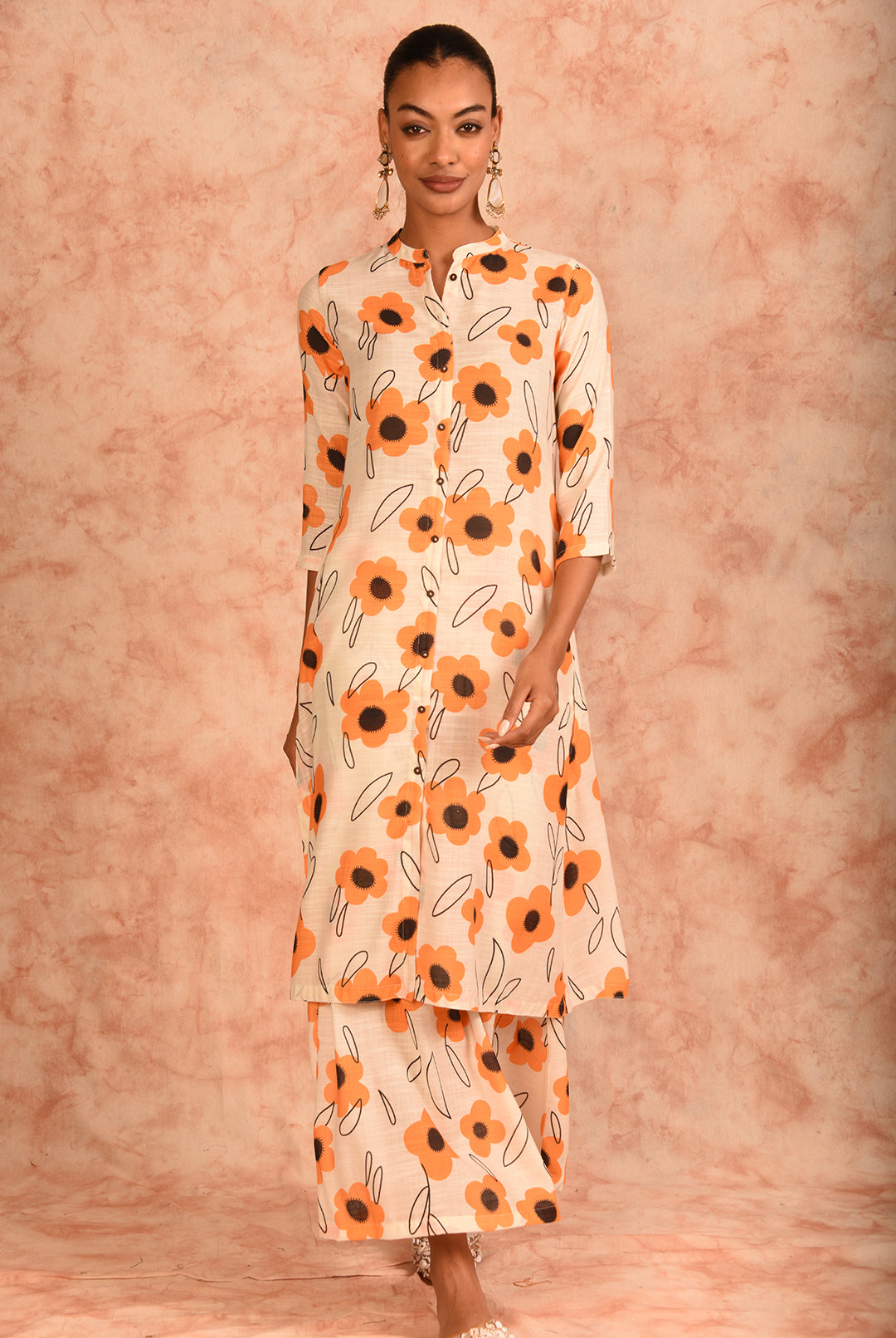 Laalzari cream and yellow floral printed linen co-ord set for women — front view