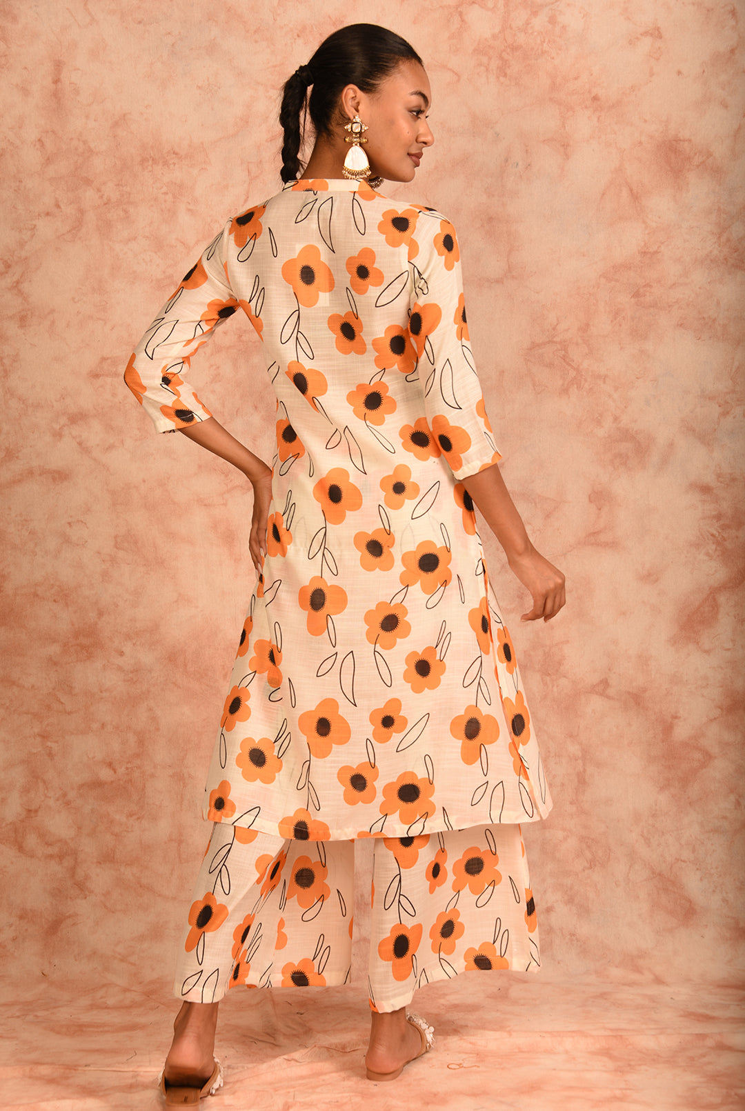 Laalzari cream and yellow floral printed linen co-ord set for women — full-length view