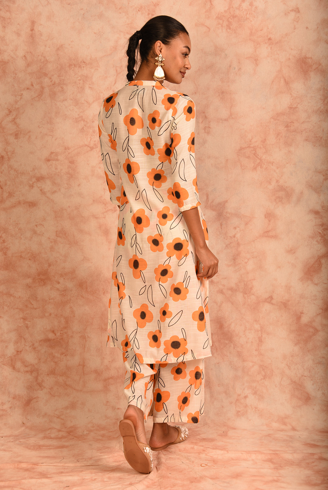 Laalzari cream and yellow floral printed linen co-ord set for women — side view