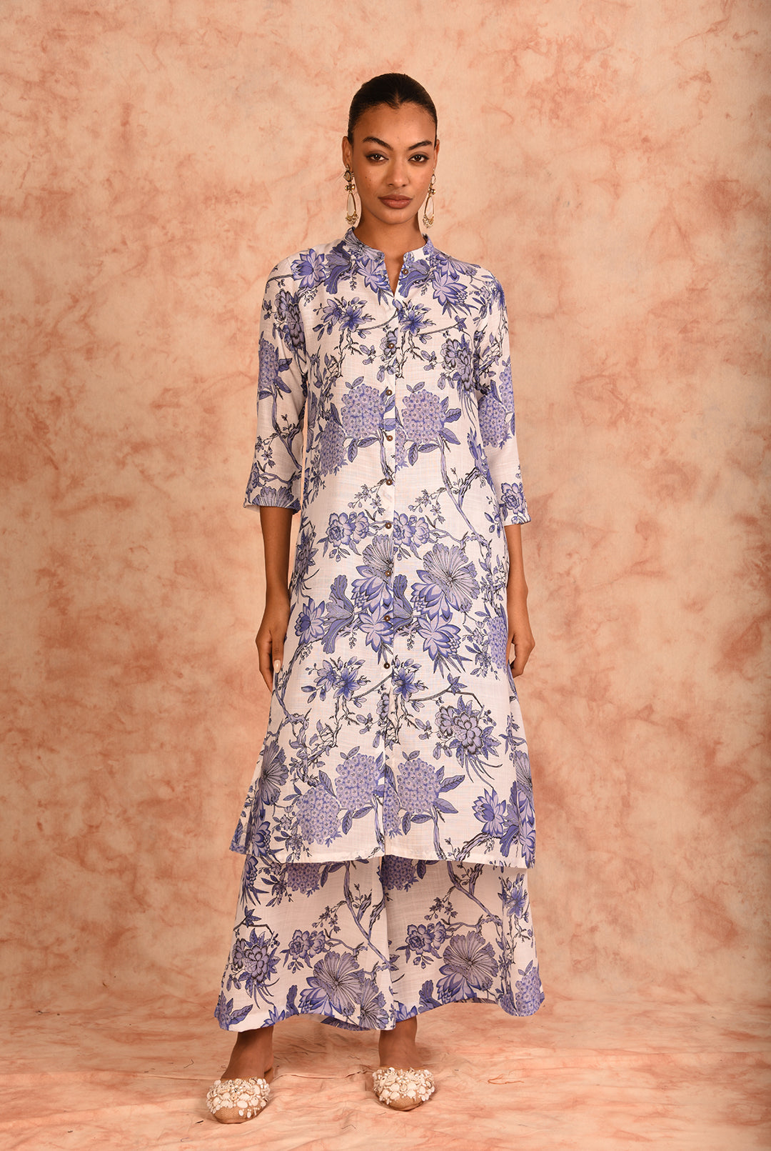 Laalzari white and blue floral printed linen co-ord set for women — front view