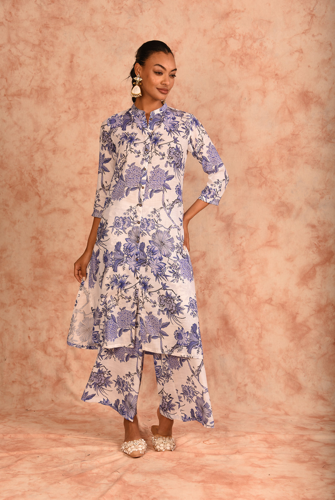 Laalzari white and blue floral printed linen co-ord set for women — styled look