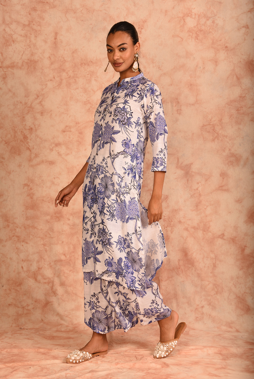 Laalzari white and blue floral printed linen co-ord set for women — full-length view