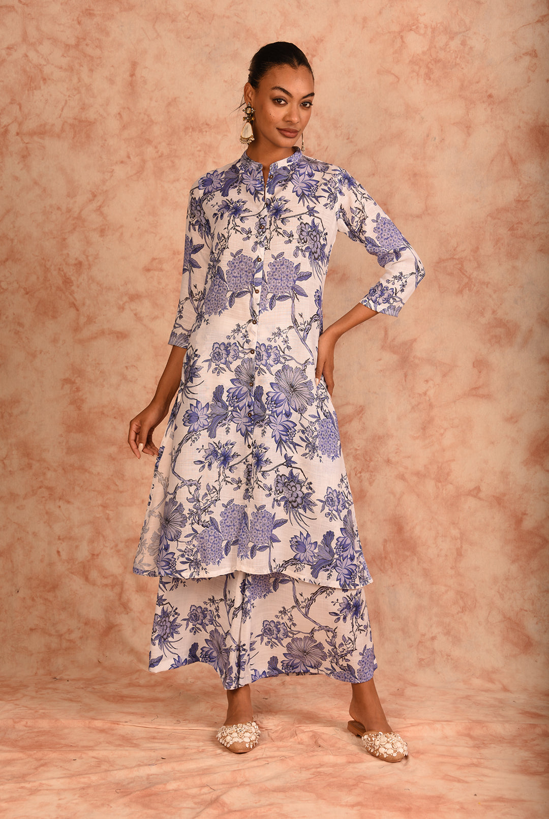 Laalzari white and blue floral printed linen co-ord set for women — side view