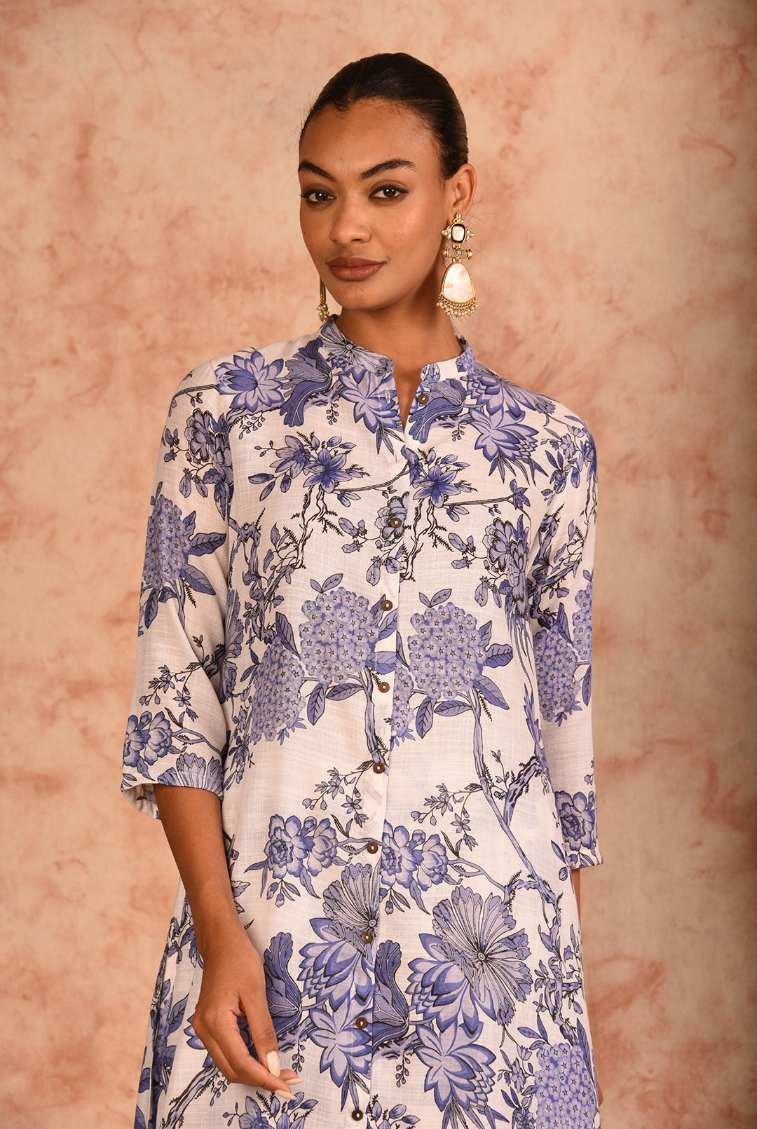 Laalzari white and blue floral printed linen co-ord set for women — back view