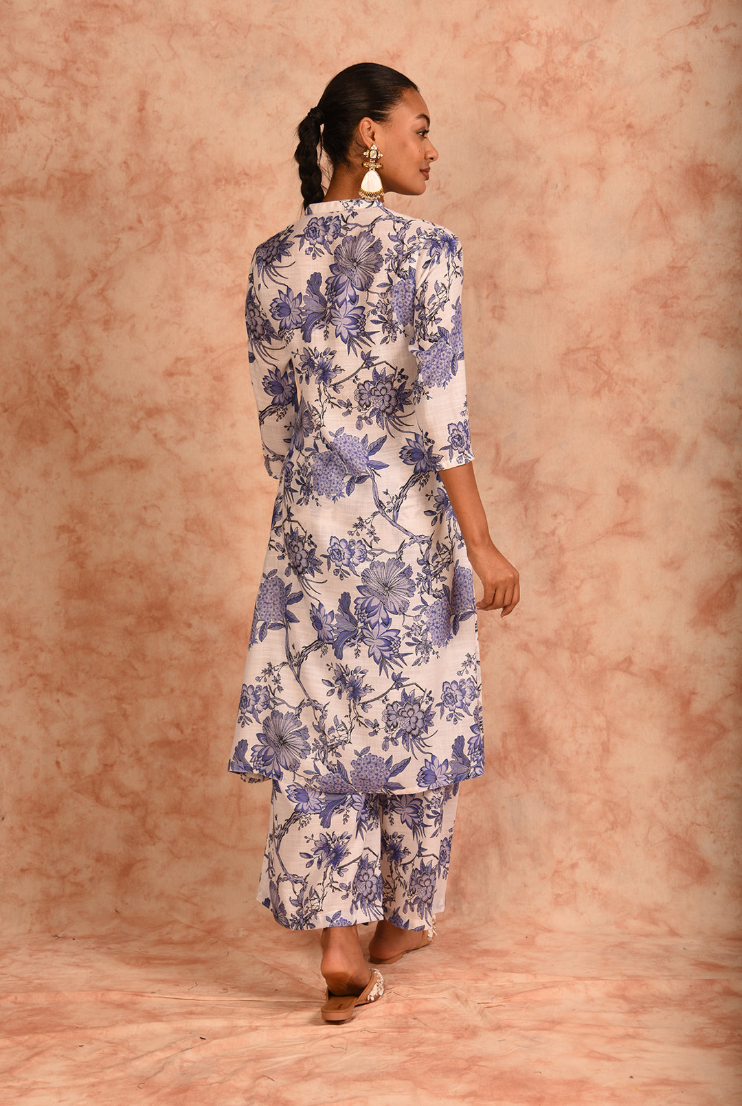 Laalzari white and blue floral printed linen co-ord set for women — outfit detail