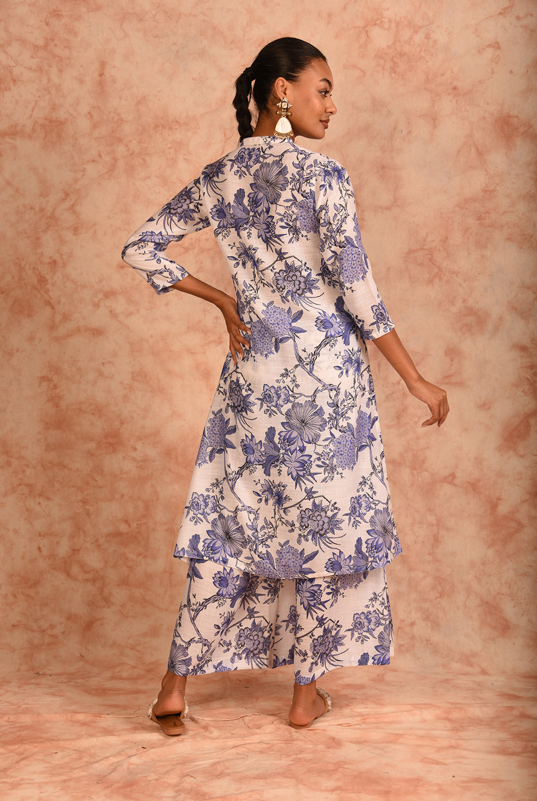 Laalzari white and blue floral printed linen co-ord set for women — fabric detail
