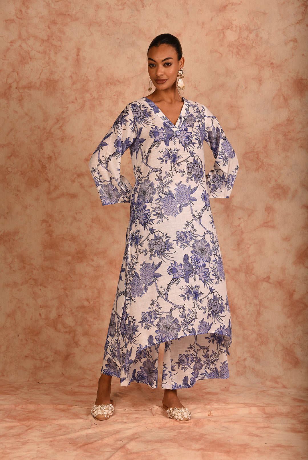 Laalzari white printed linen kurta and palazzo co-ord set for women — styled look