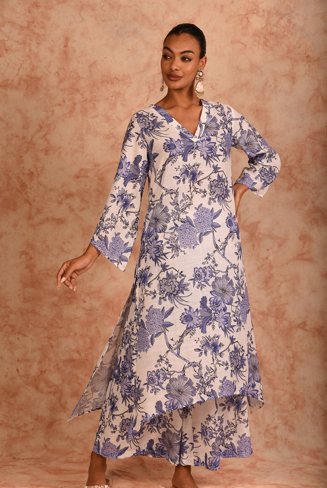 Laalzari white printed linen kurta and palazzo co-ord set for women — full-length view