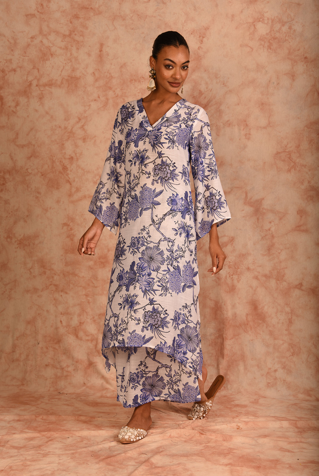 Laalzari white printed linen kurta and palazzo co-ord set for women — side view
