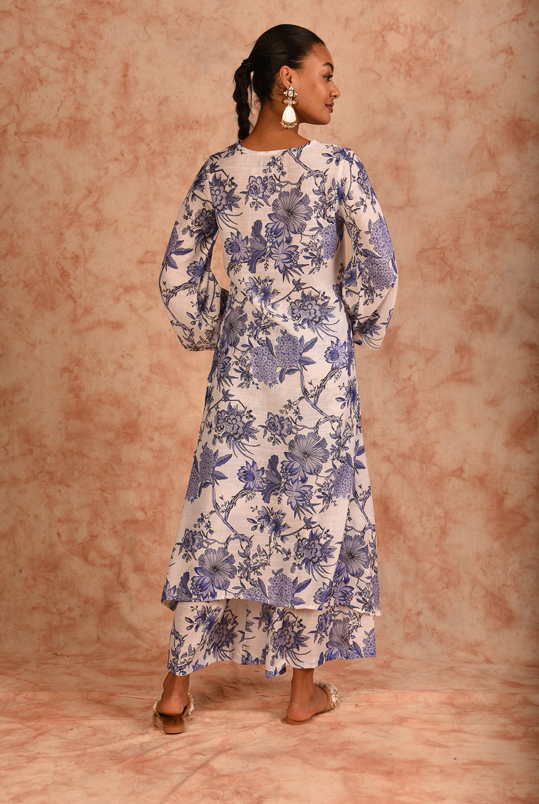 Laalzari white printed linen kurta and palazzo co-ord set for women — back view