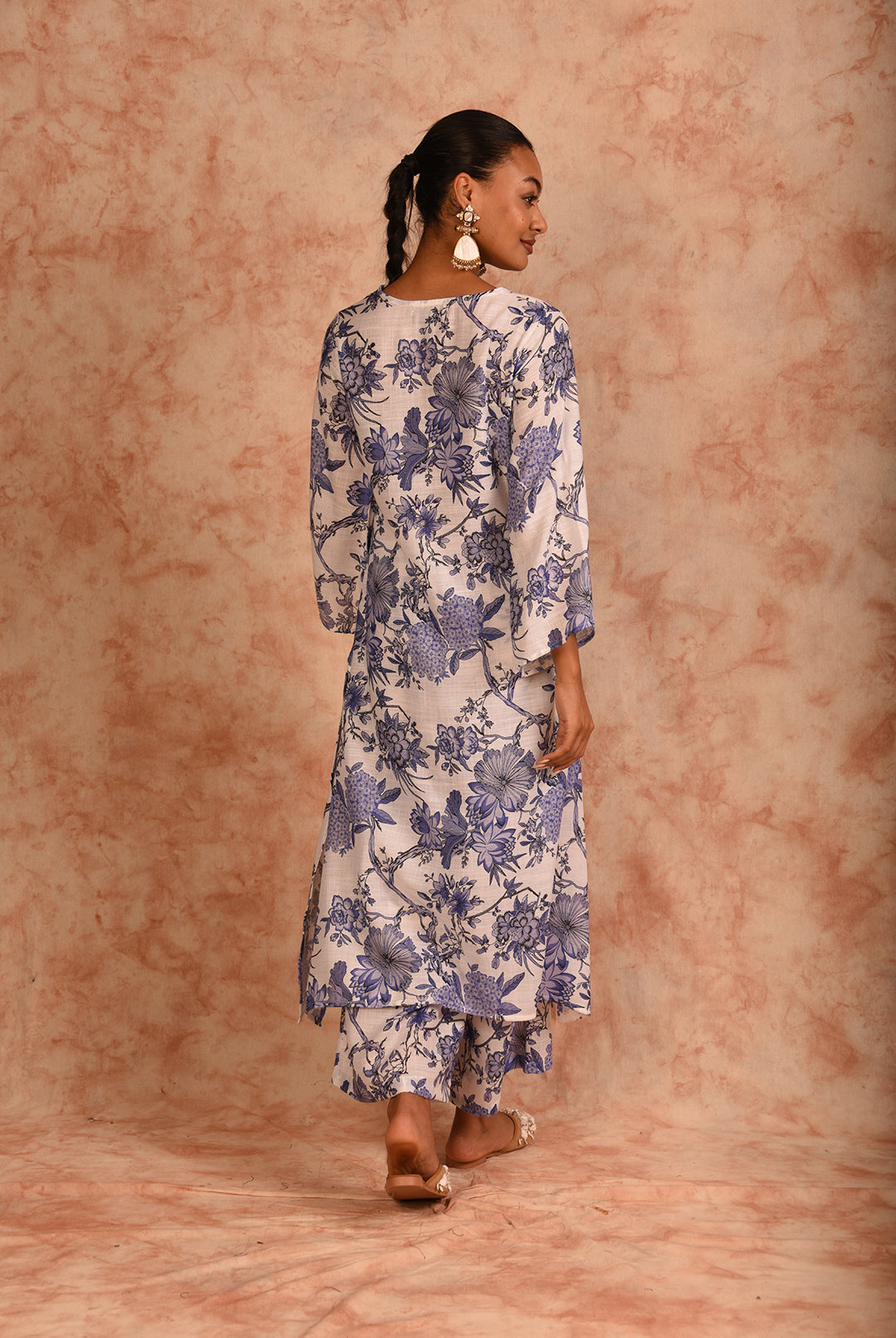Laalzari white printed linen kurta and palazzo co-ord set for women — outfit detail