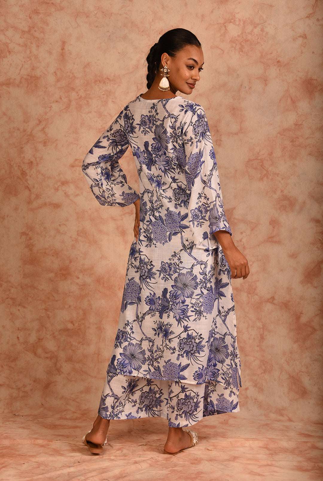 Laalzari white printed linen kurta and palazzo co-ord set for women — fabric detail