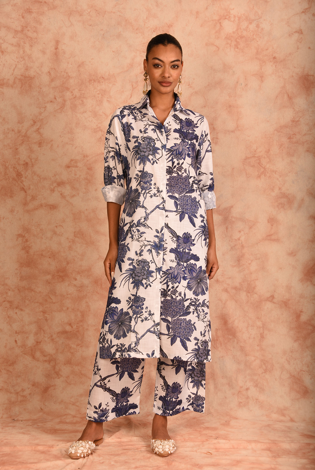 Laalzari white printed linen kurta and wide-leg palazzo co-ord set for women — front view