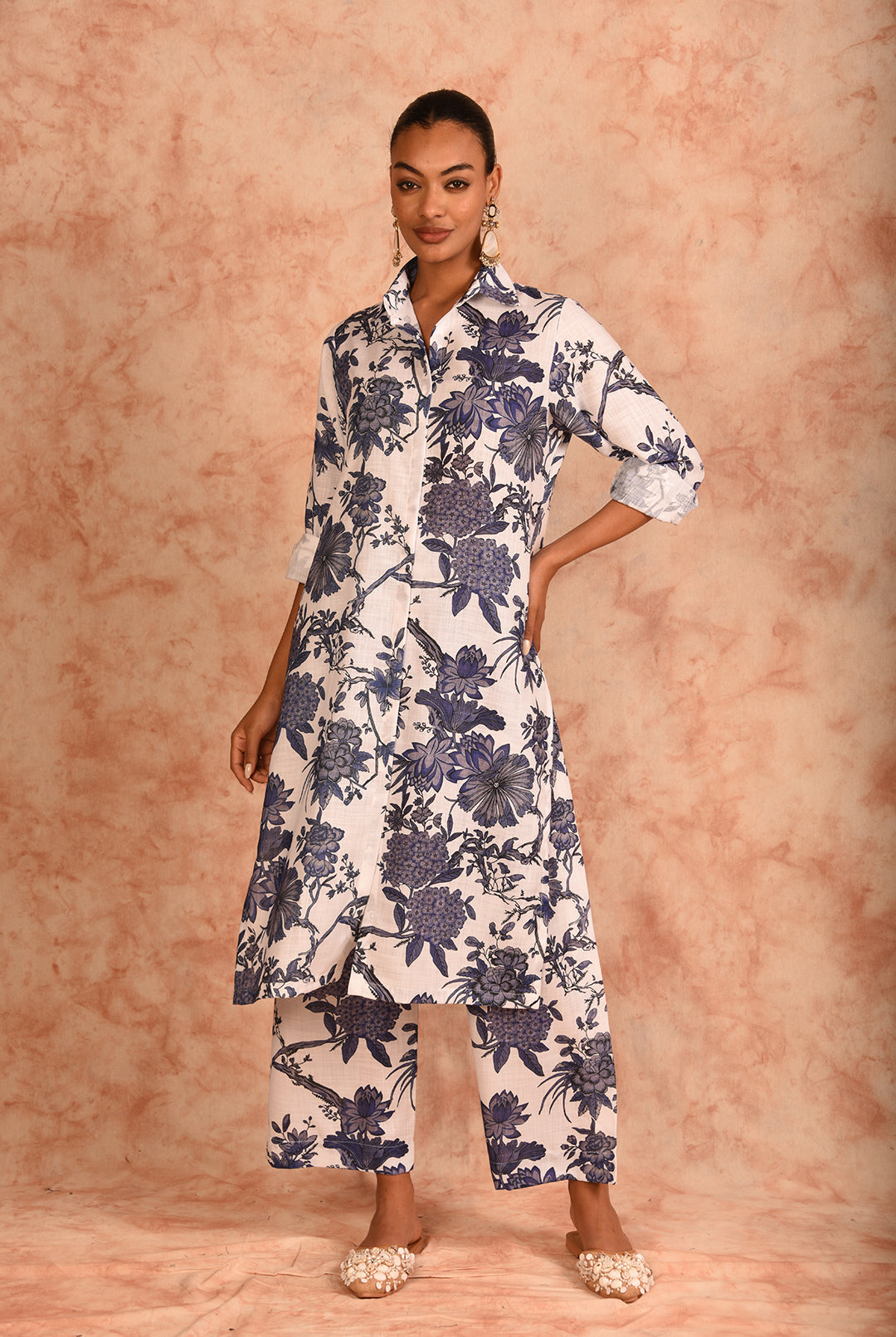 Laalzari white printed linen kurta and wide-leg palazzo co-ord set for women — styled look