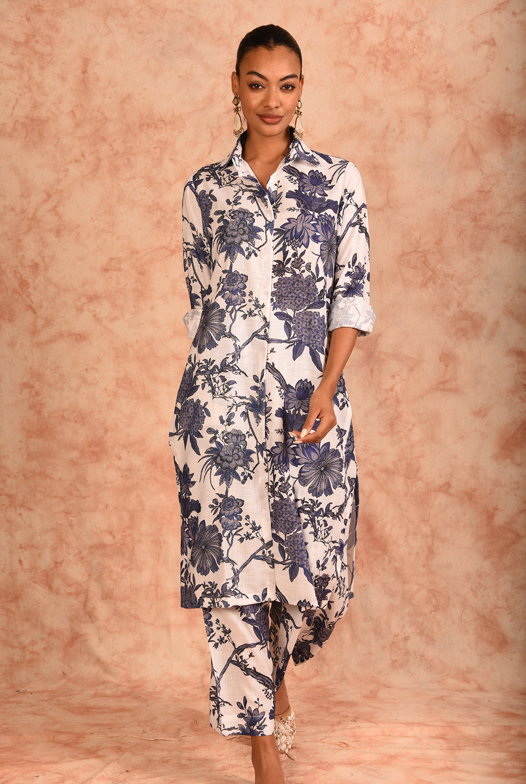 Laalzari white printed linen kurta and wide-leg palazzo co-ord set for women — full-length view