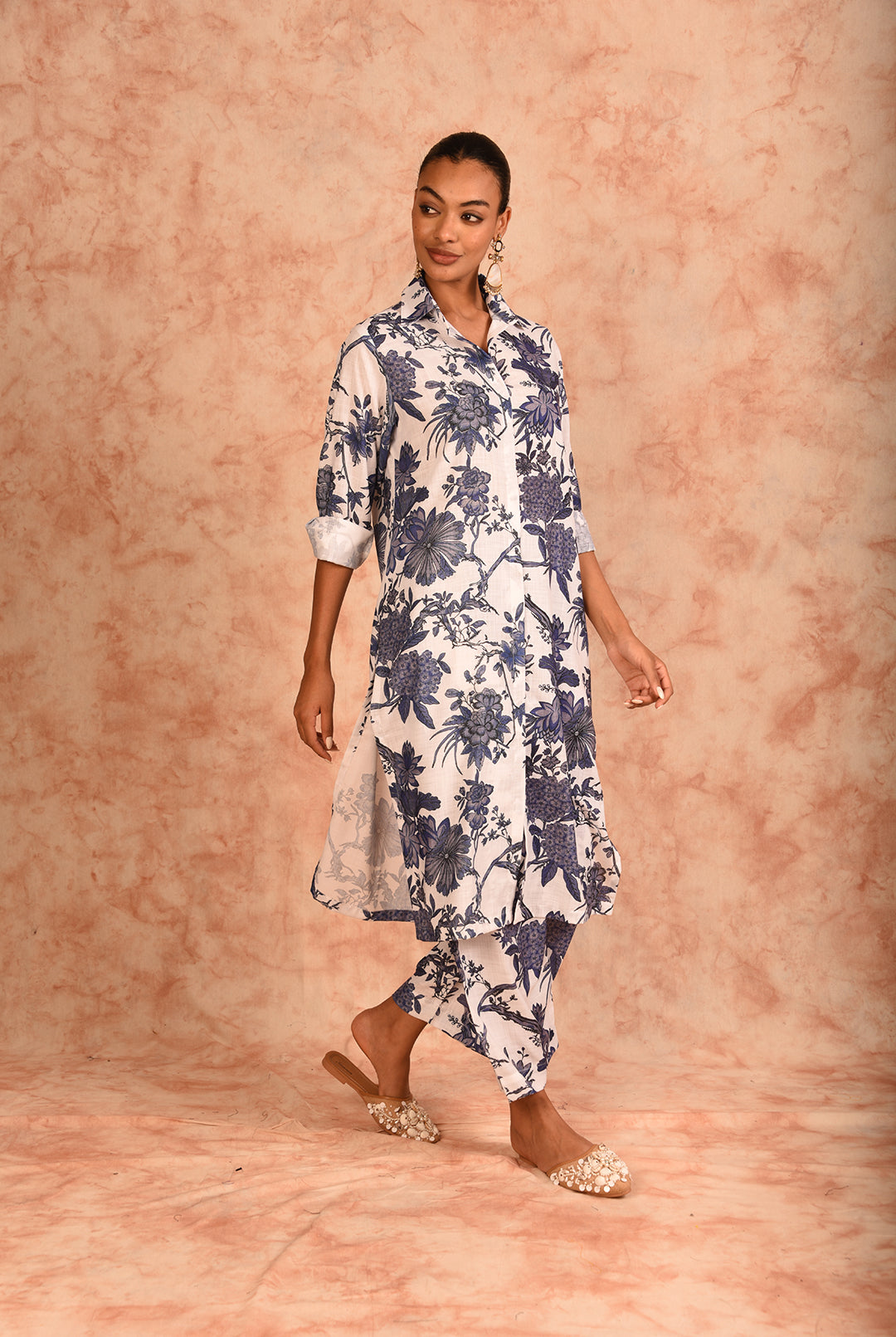 Laalzari white printed linen kurta and wide-leg palazzo co-ord set for women — side view
