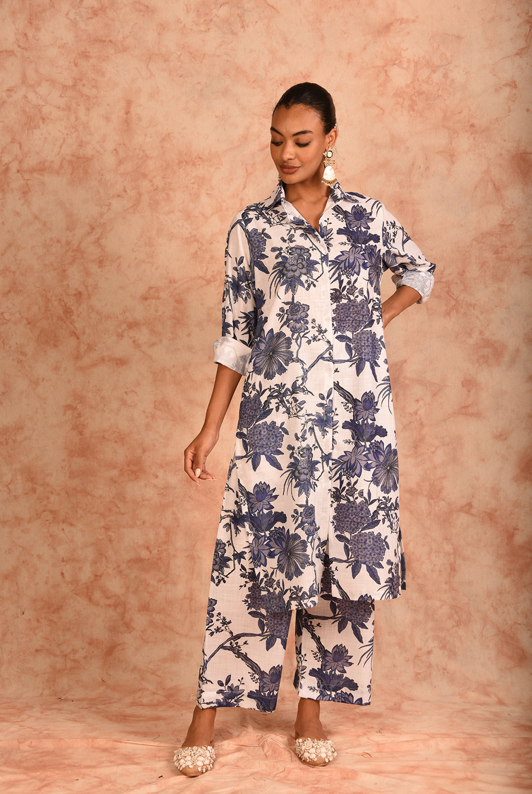 Laalzari white printed linen kurta and wide-leg palazzo co-ord set for women — back view