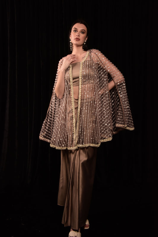 Laalzari's Metallic Blouse, Wrap Skirt, and Hand-Embroidered Shrug