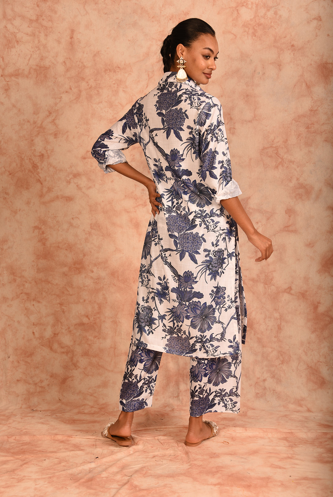 Laalzari white printed linen kurta and wide-leg palazzo co-ord set for women — outfit detail