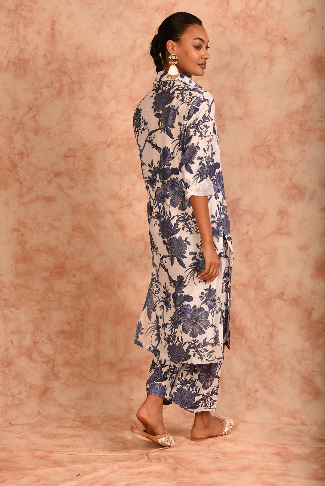 Laalzari white printed linen kurta and wide-leg palazzo co-ord set for women — fabric detail