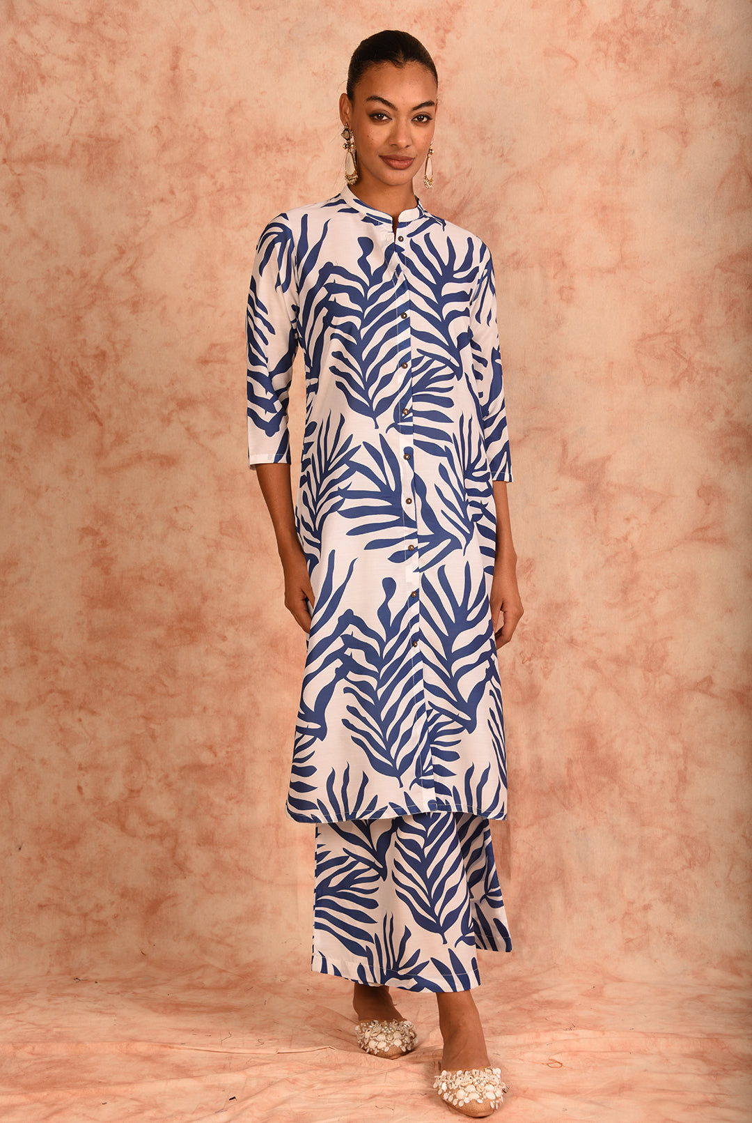 Laalzari white printed muslin kurta and palazzo co-ord set for women — front view