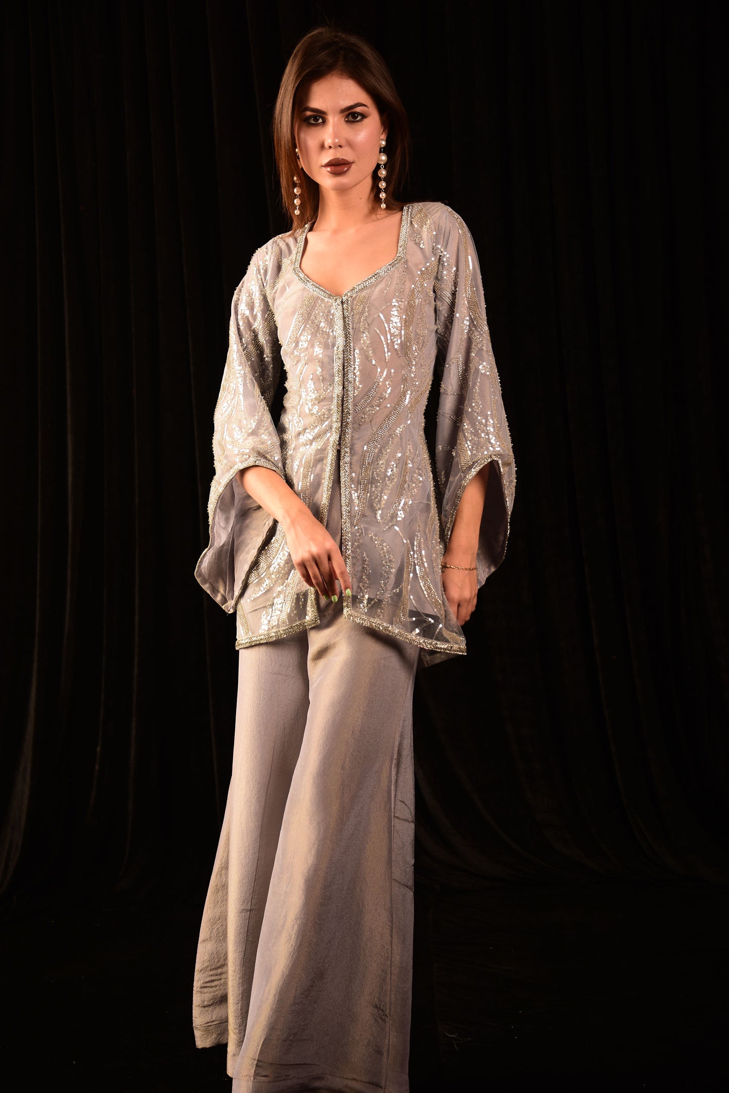 GREY HAND EMBROIDED TOP AND PALAZZO