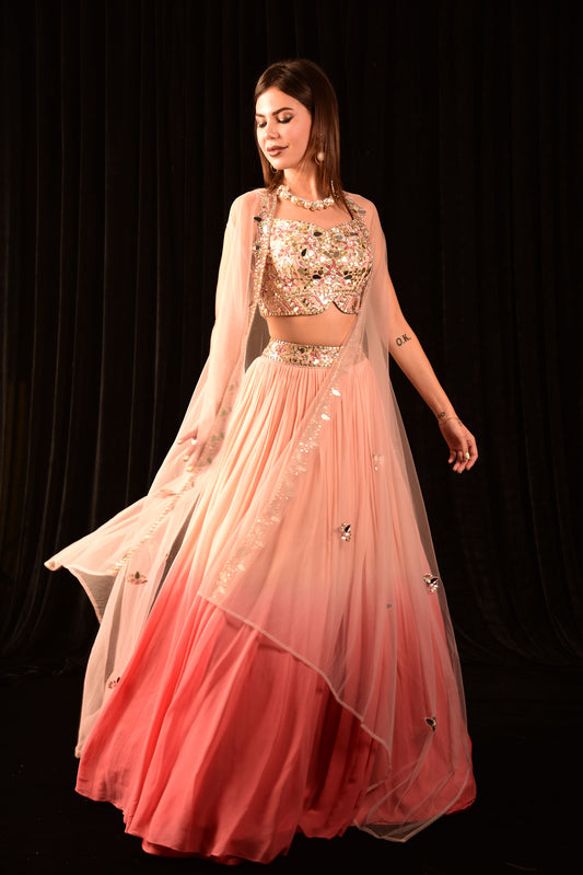 Pink Ombre Lehenga With Hand Embroidered Blouse And Shrug