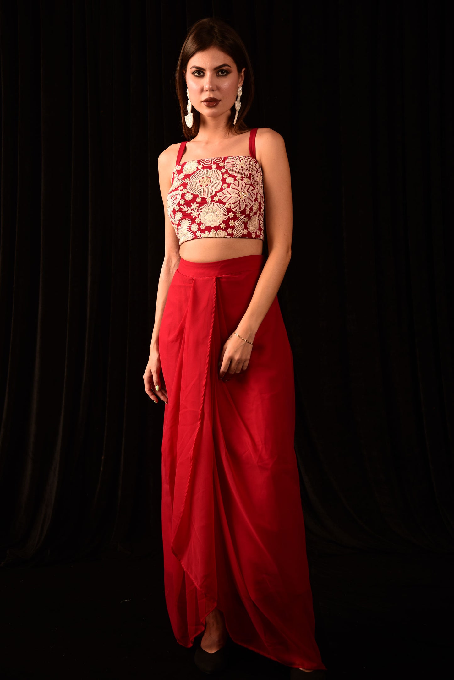 MAGENTA FLORAL CROPTOP WRAP SKIRT WITH SHRUG