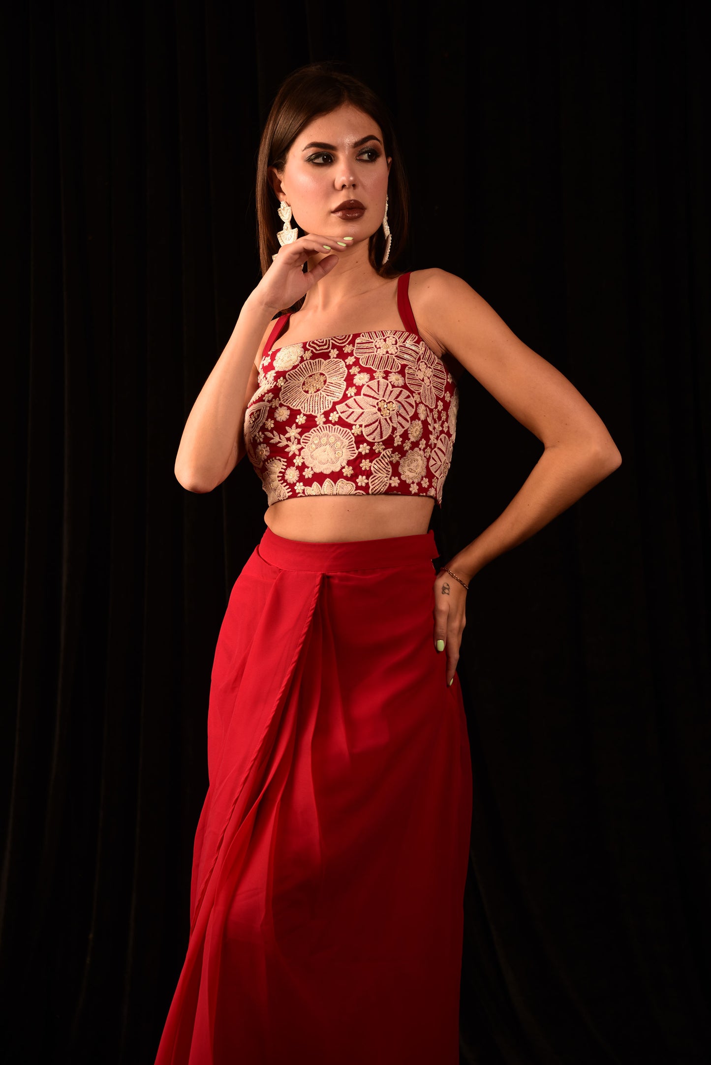 MAGENTA FLORAL CROPTOP WRAP SKIRT WITH SHRUG