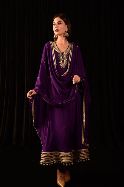 HAND EMBROIDED PURPLE ANARKALI SUIT WITH DUPATTA