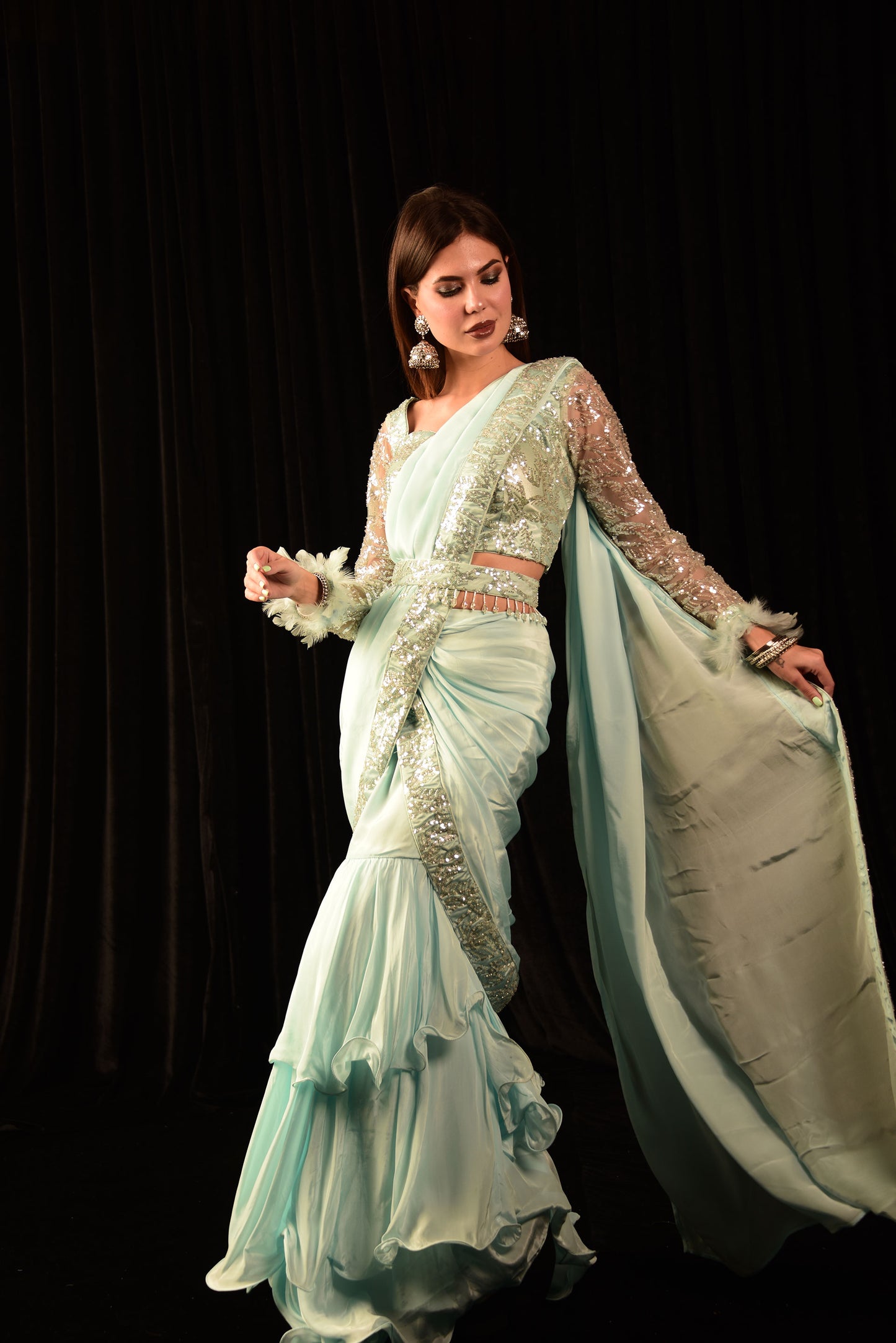 TURQUOISE BLUE PRE DRAPE SAREE WITH HAND EMBROIDED BLOUSE AND BELT