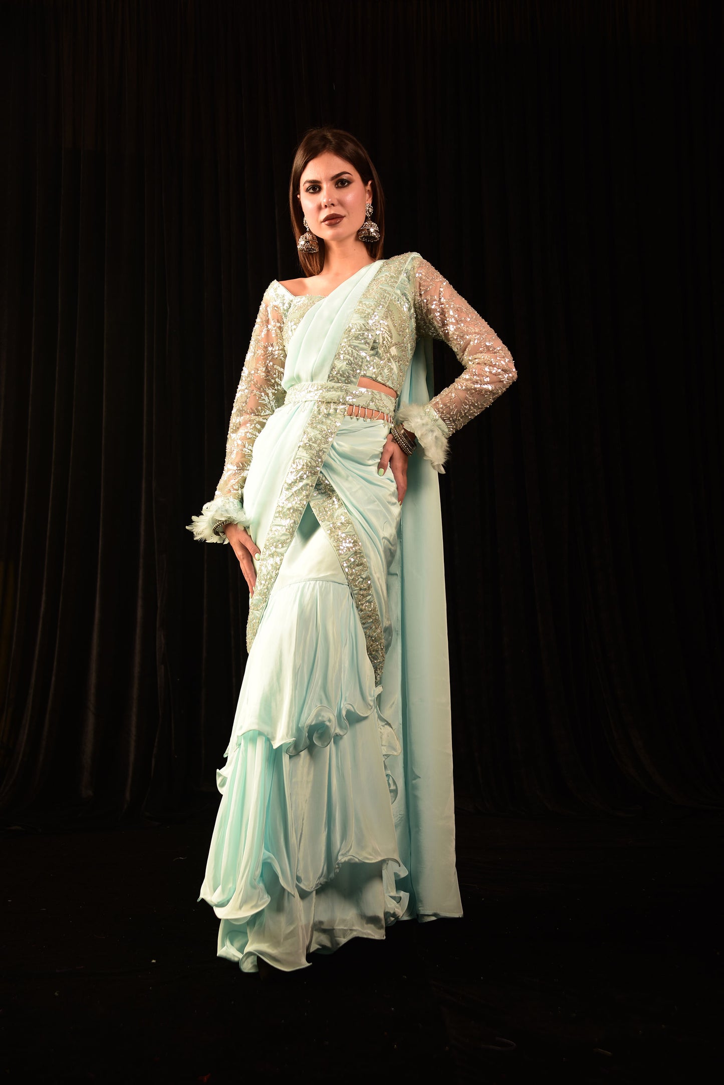 TURQUOISE BLUE PRE DRAPE SAREE WITH HAND EMBROIDED BLOUSE AND BELT