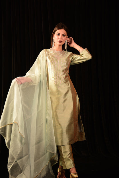 GREY HAND EMBROIDED SILK SUIT