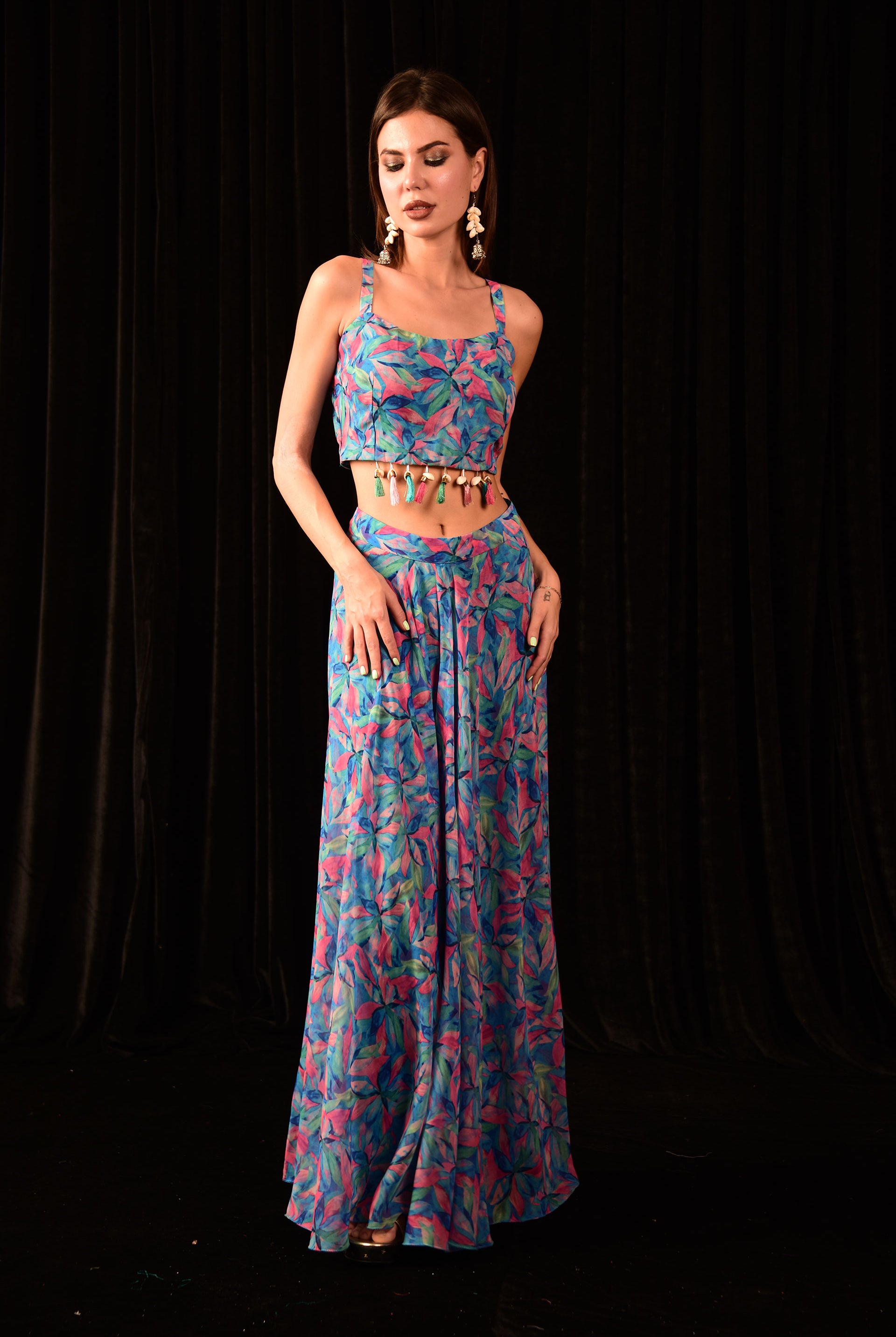 Laalzari crop top with shrug and palazzo for women — full-length view