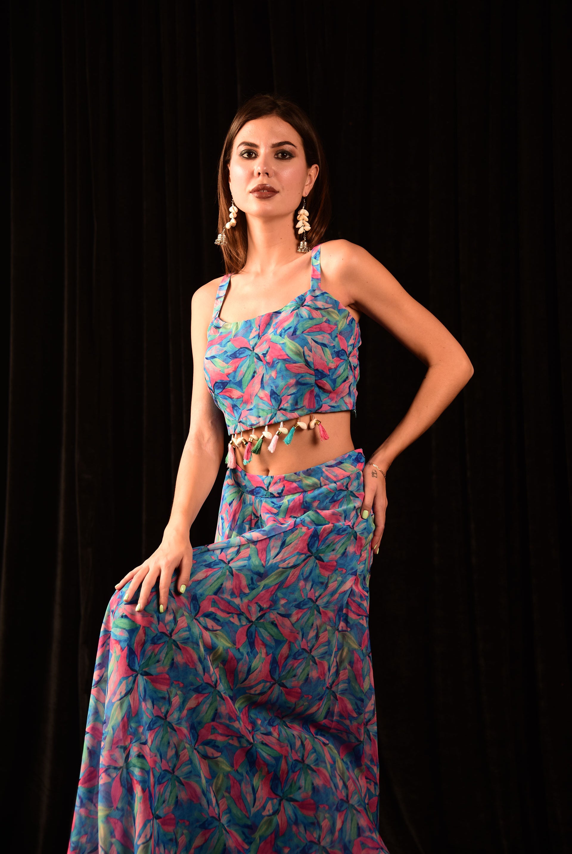 Laalzari crop top with shrug and palazzo for women — shrug detail