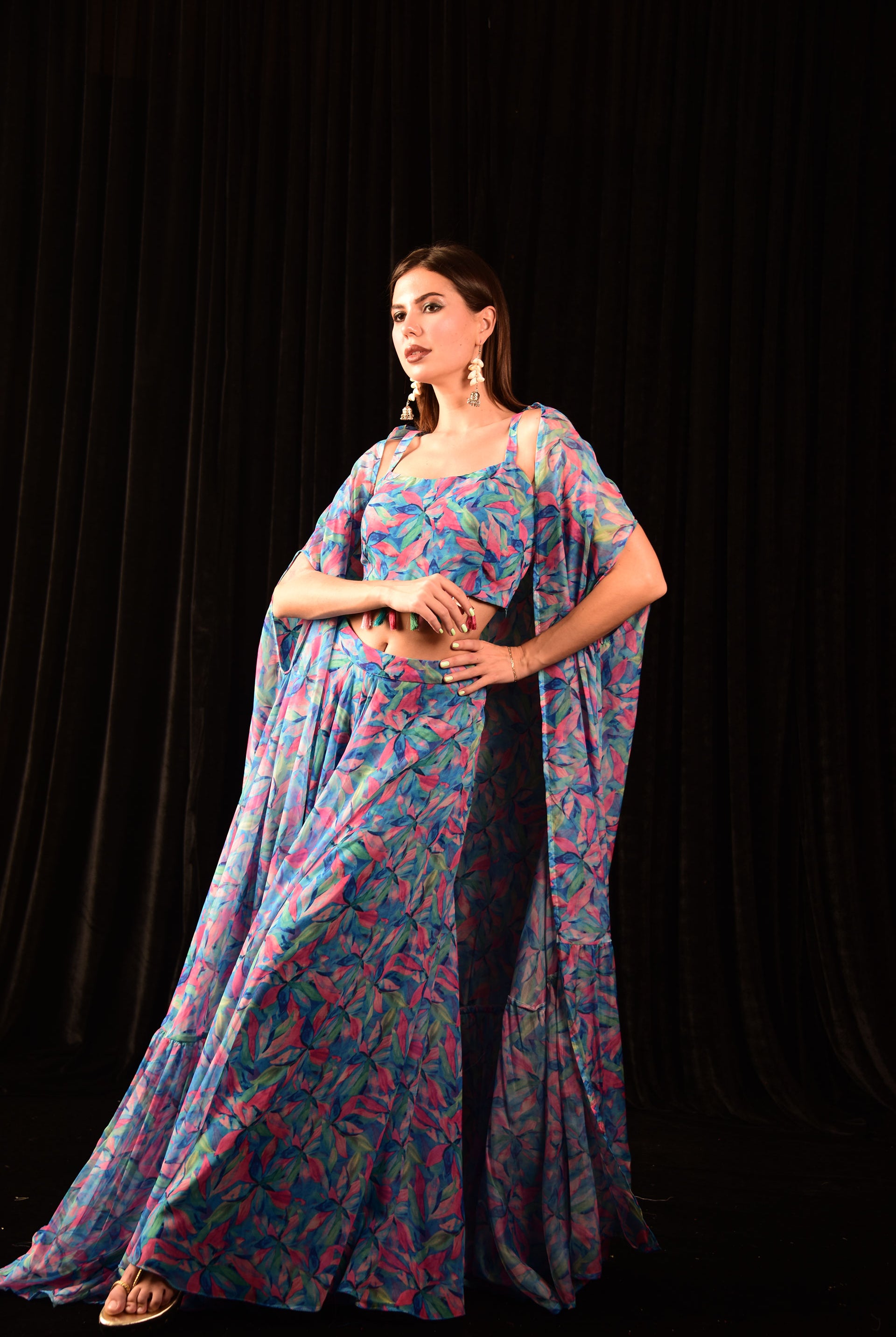 Laalzari crop top with shrug and palazzo for women — front view