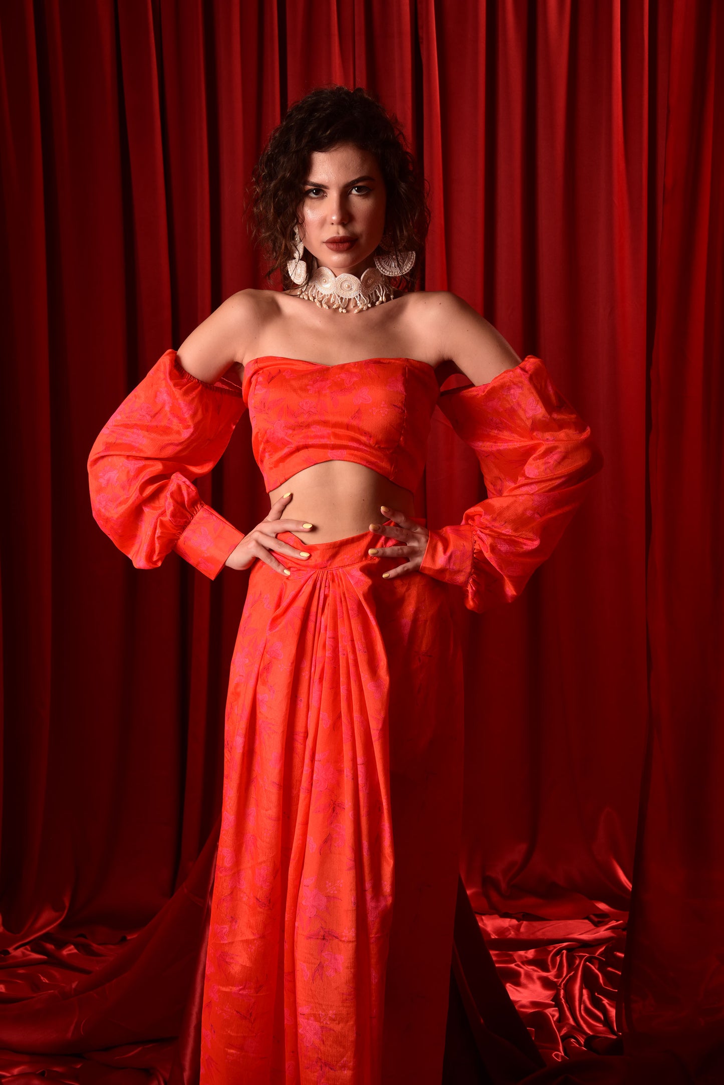 PRINTED DESIGNER CROP TOP WITH HIGH SLIT SKIRT