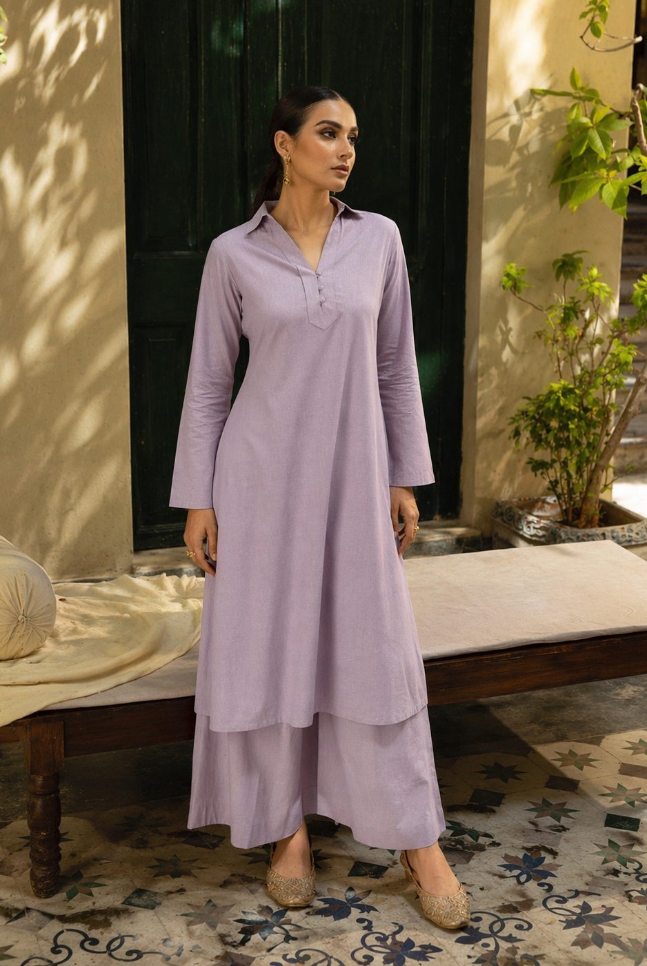 Laalzari lavender linen collar-neck kurta and wide-leg palazzo co-ord set for women — front view