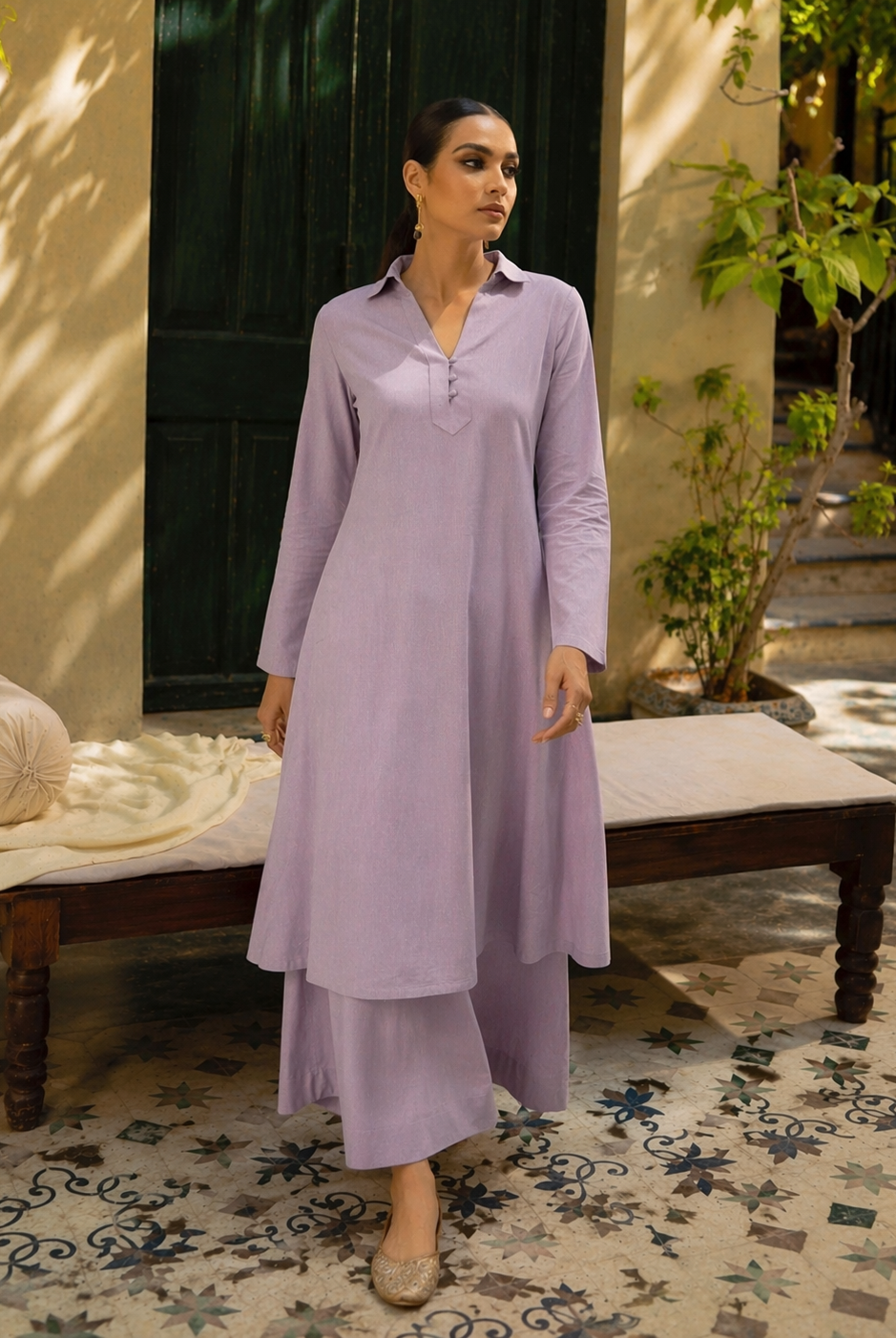 Laalzari lavender linen collar-neck kurta and wide-leg palazzo co-ord set for women — styled look