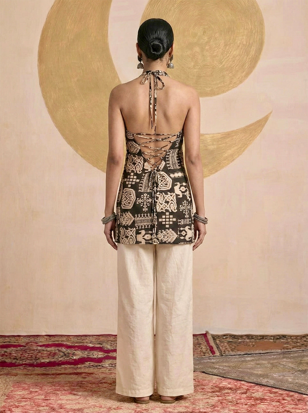 Laalzari black tribal-print sleeveless tunic and palazzo co-ord set for women — back view