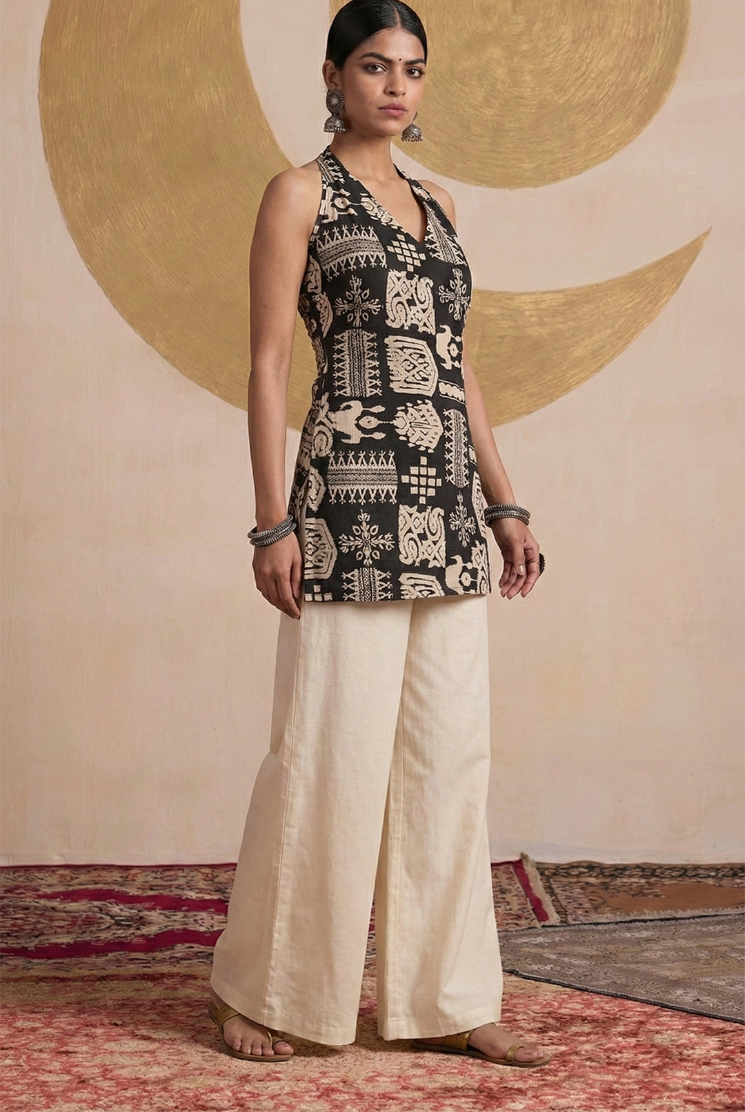 Laalzari black tribal print sleeveless tunic for women — full-length view