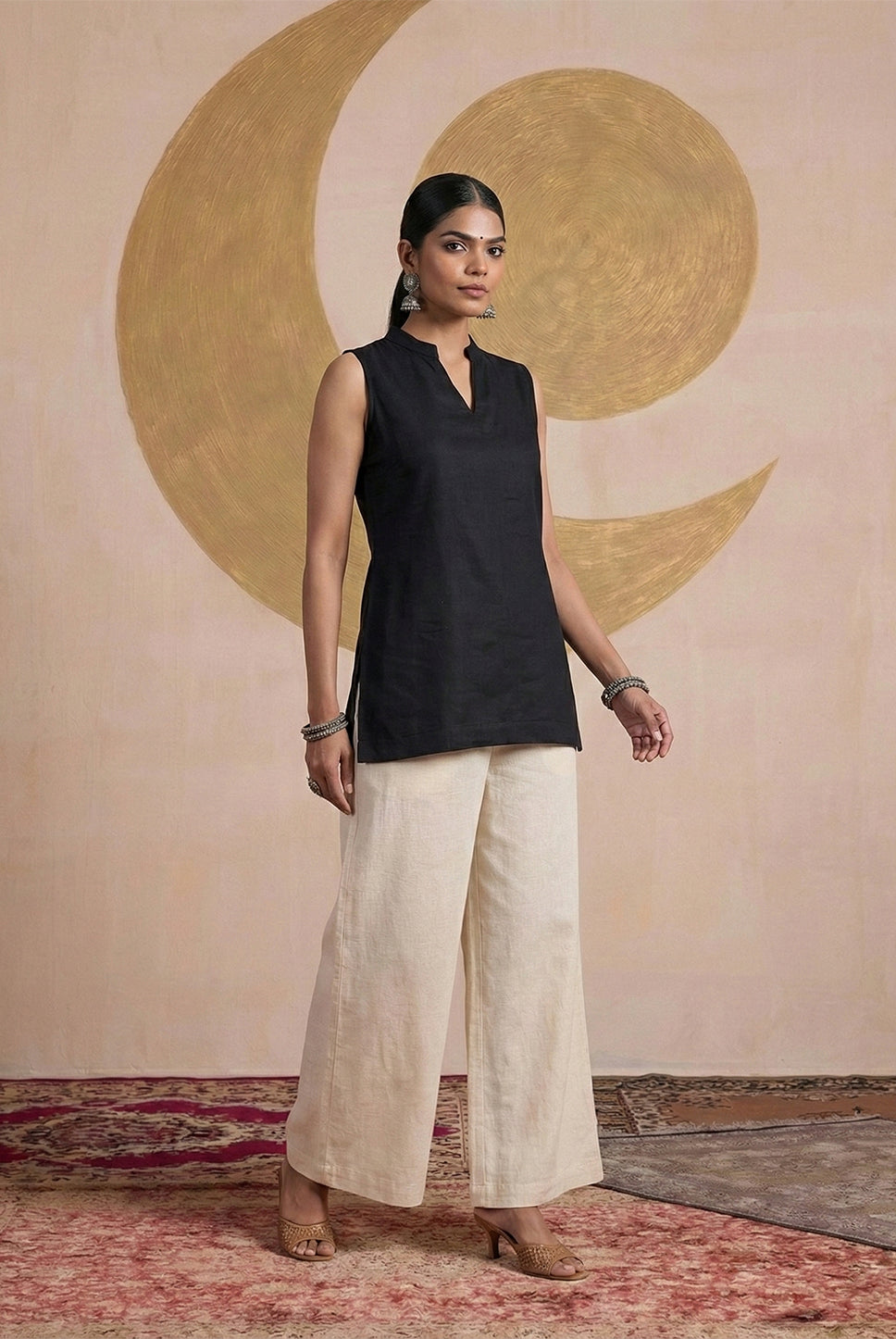 Laalzari midnight black V-neck sleeveless linen kurta for women — fabric detail