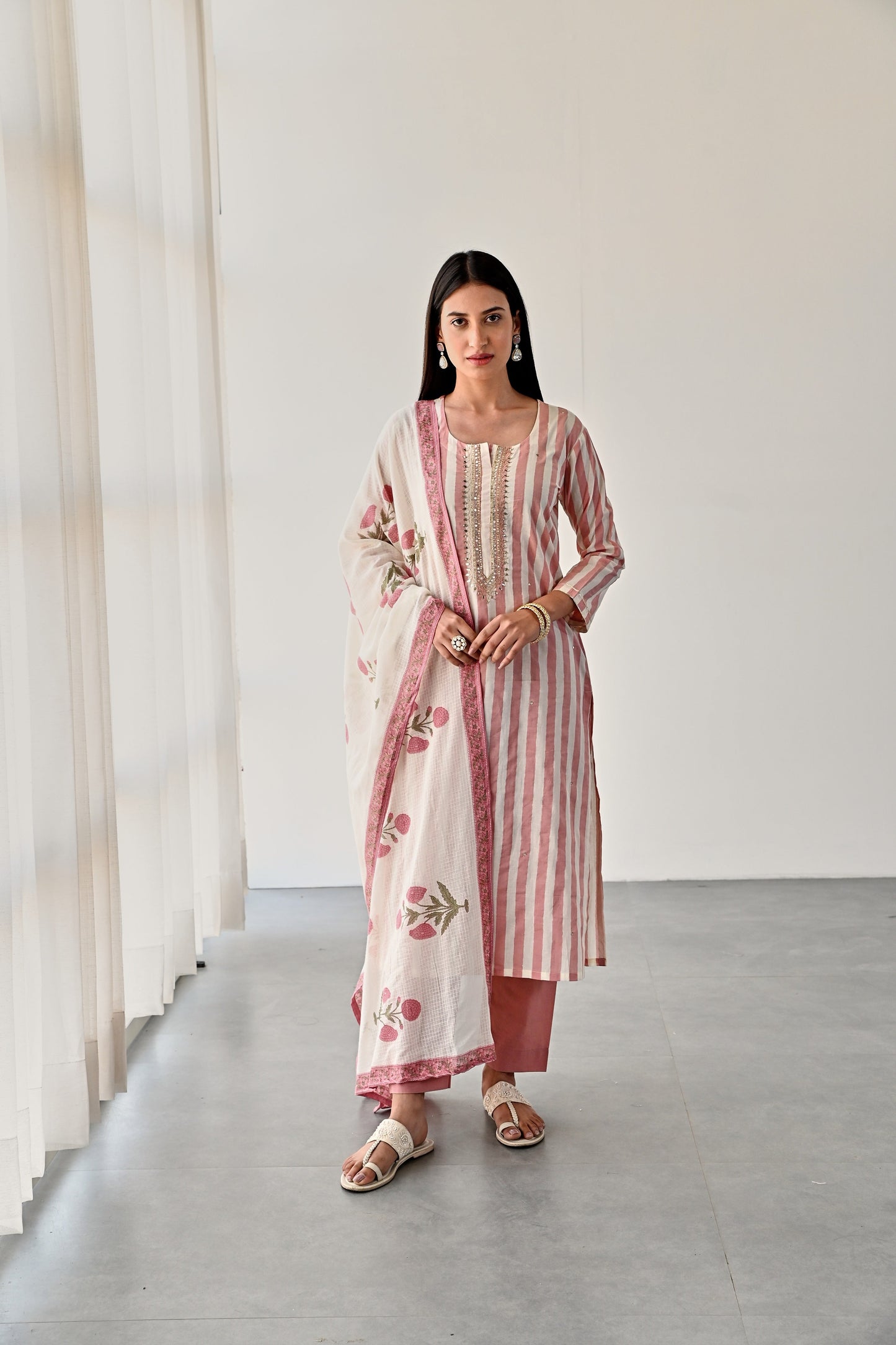 PINK STRIPED COTTON KURTA SET