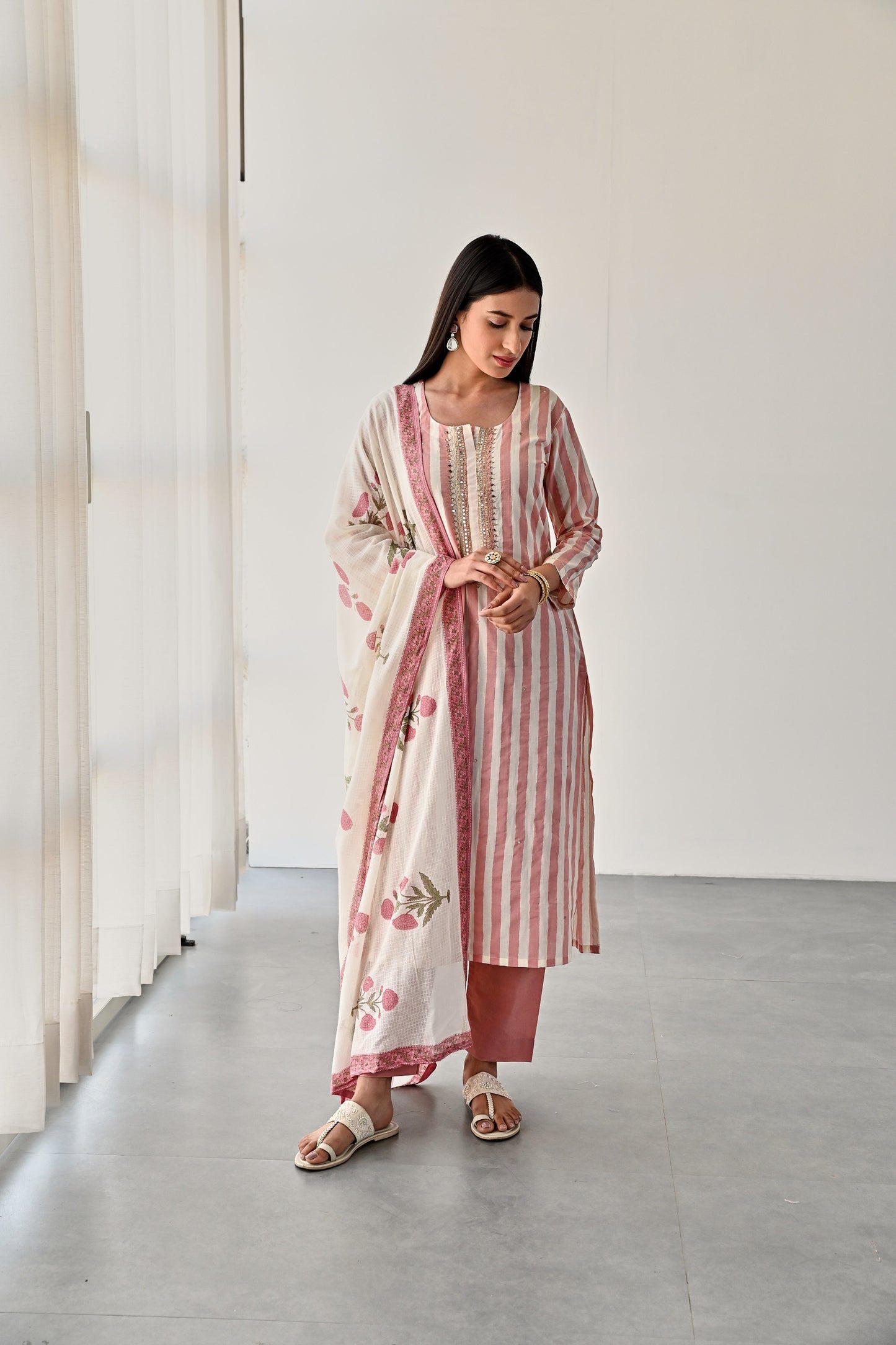 PINK STRIPED COTTON KURTA SET