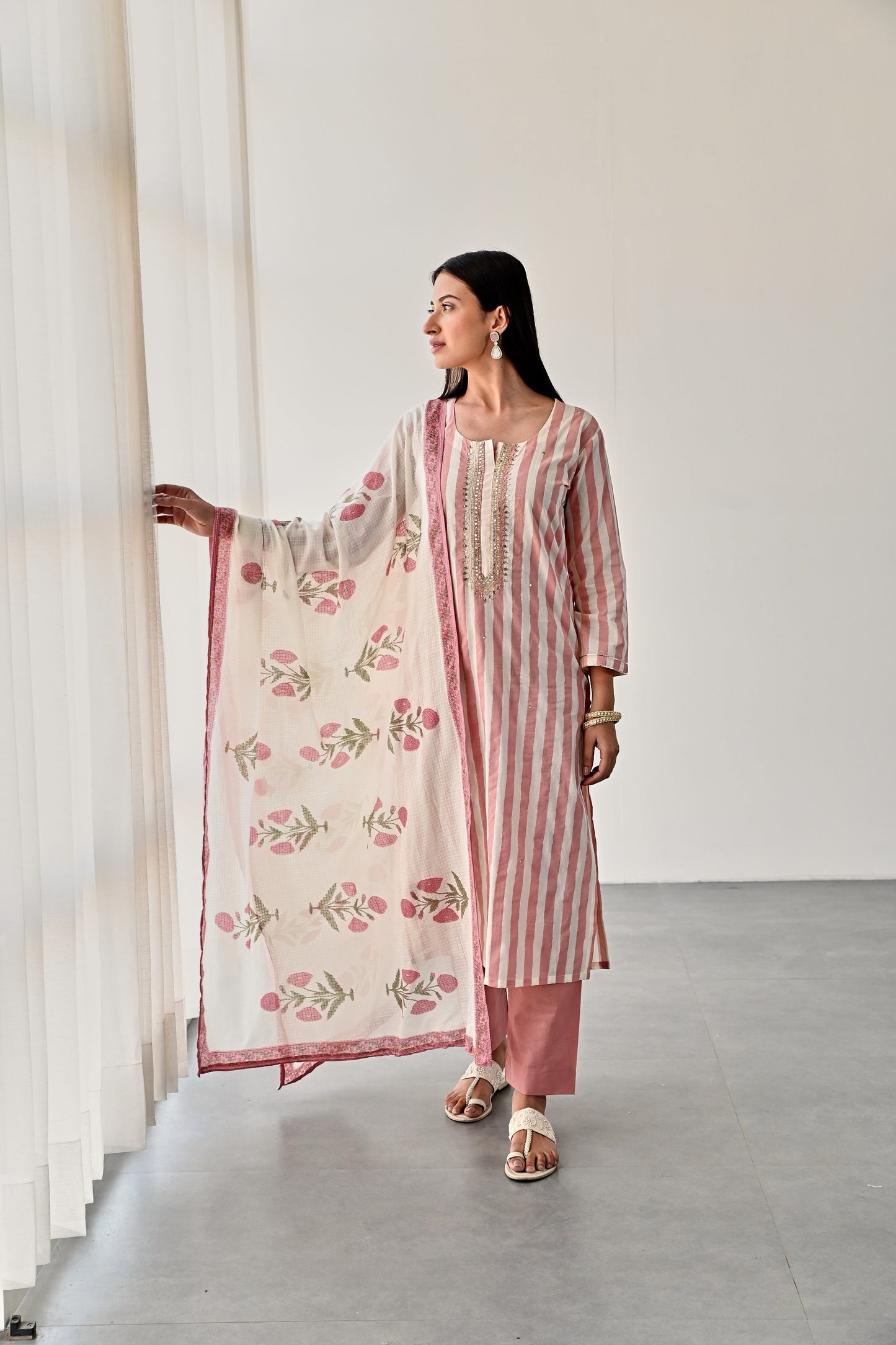 PINK STRIPED COTTON KURTA SET