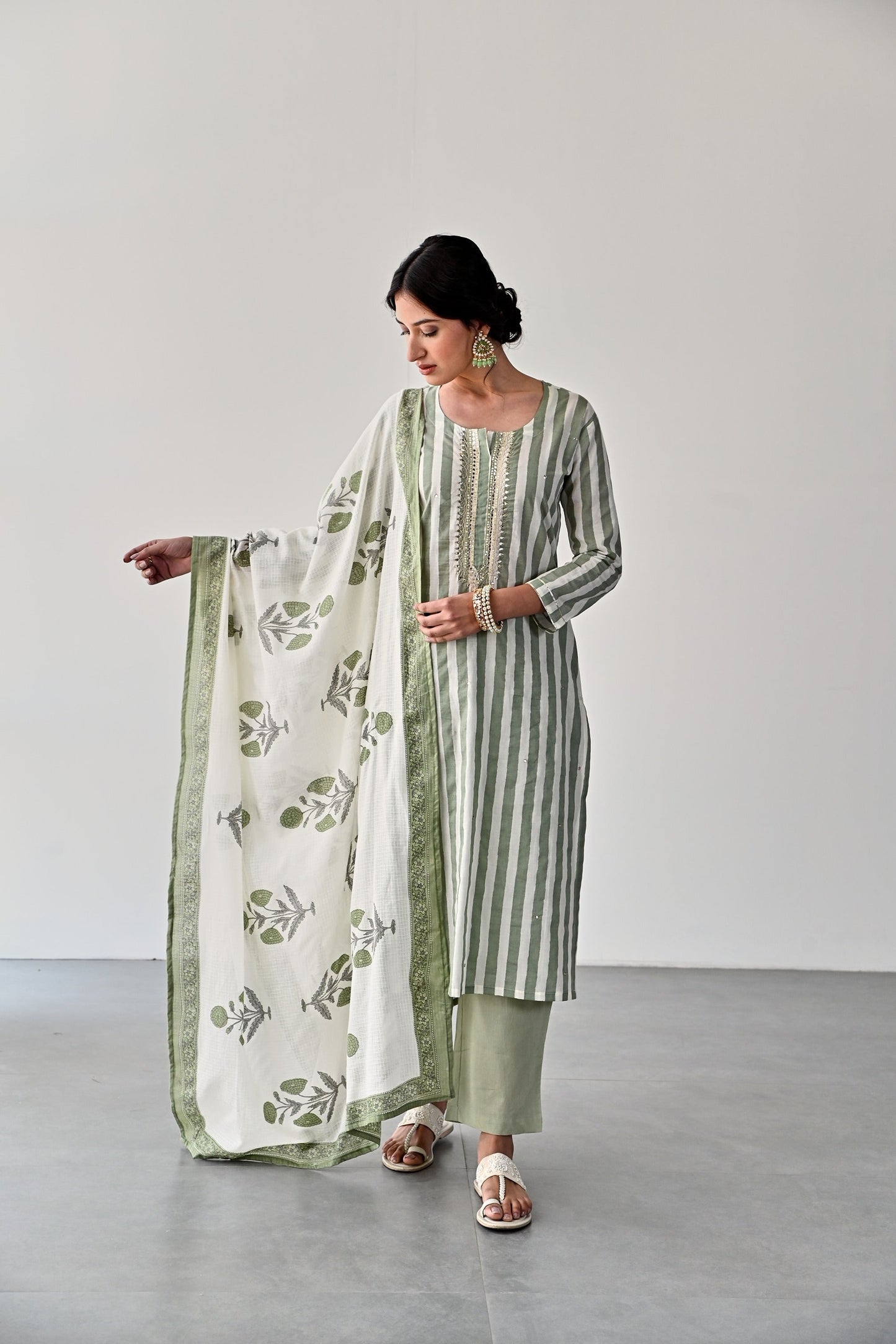 GREEN STRIPED COTTON KURTA SET
