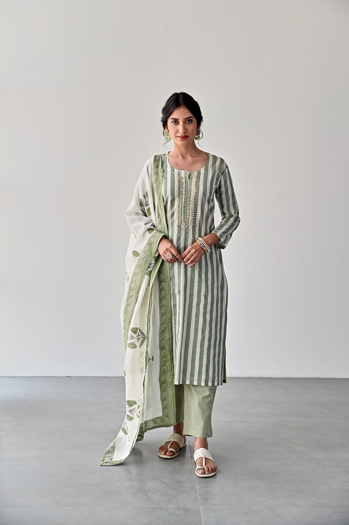 GREEN STRIPED COTTON KURTA SET