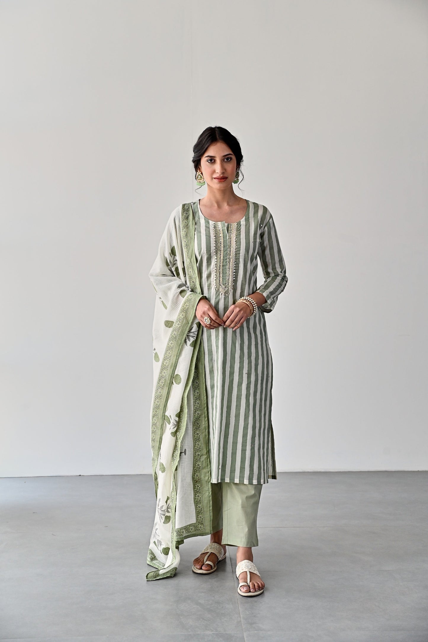GREEN STRIPED COTTON KURTA SET