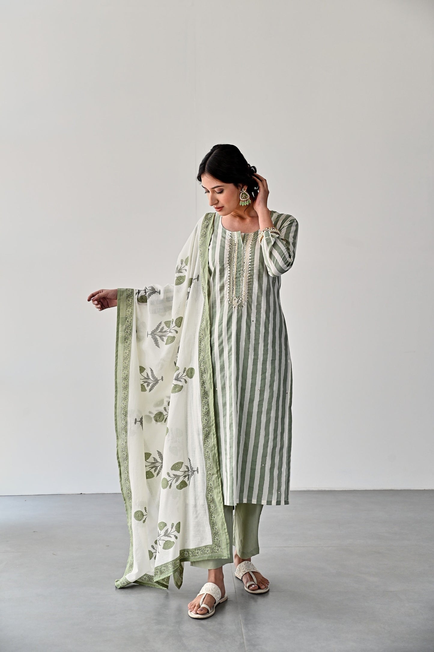 GREEN STRIPED COTTON KURTA SET