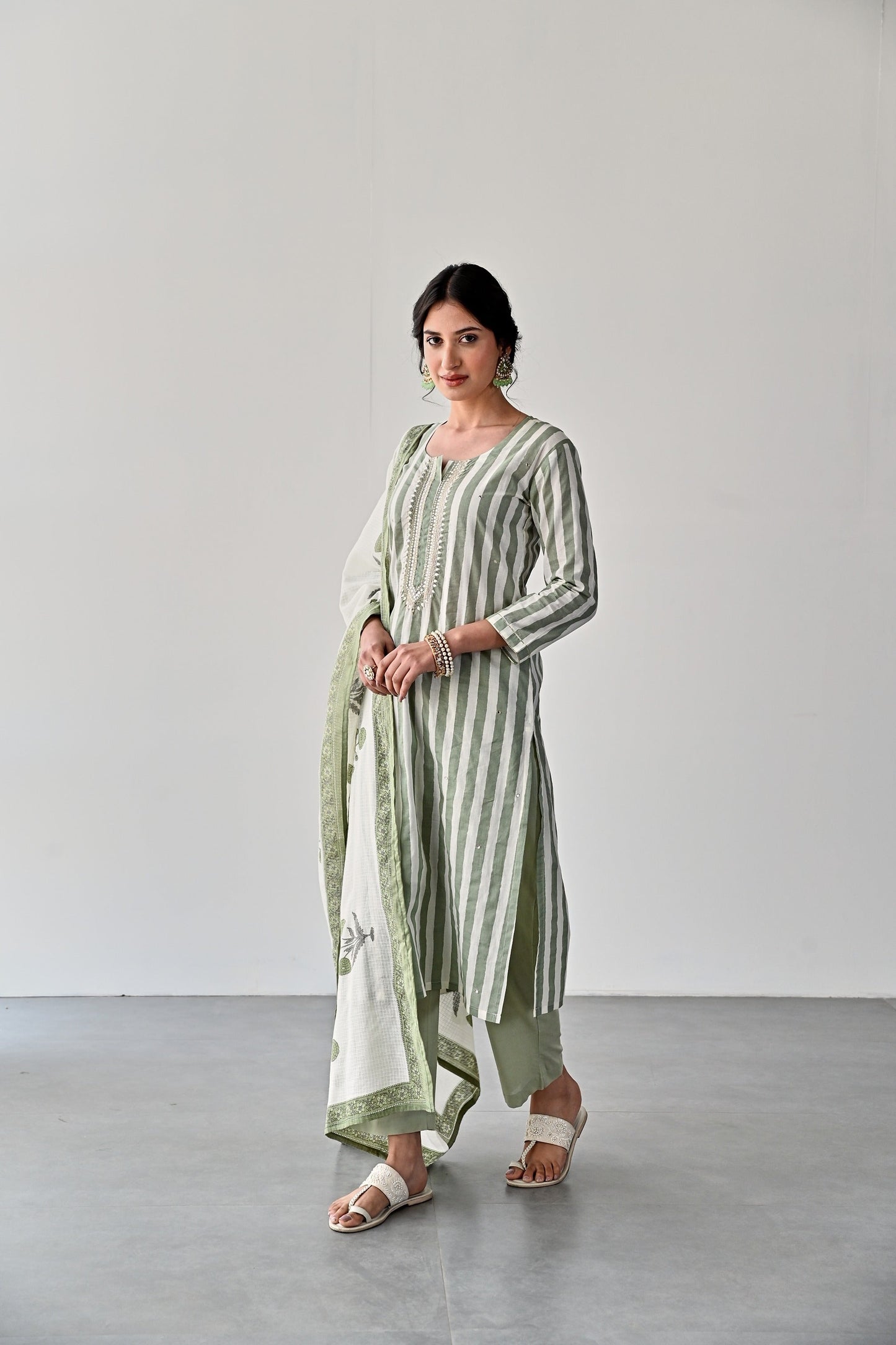 GREEN STRIPED COTTON KURTA SET